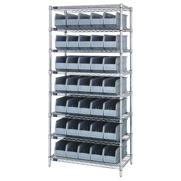 Steel, Polypropylene Bin Shelving, 36 in W x 74 in H x 18 in D, 8 Shelves, Gray