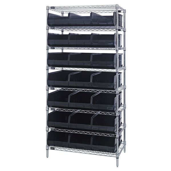 Steel, Polypropylene Bin Shelving, 36 in W x 75 in H x 12 in D, 8 Shelves, Black