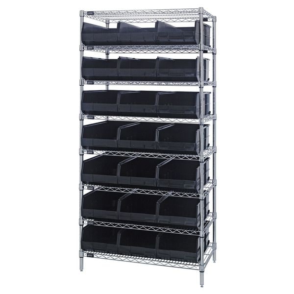 Steel, Polypropylene Bin Shelving, 36 in W x 74 in H x 18 in D, 8 Shelves, Black
