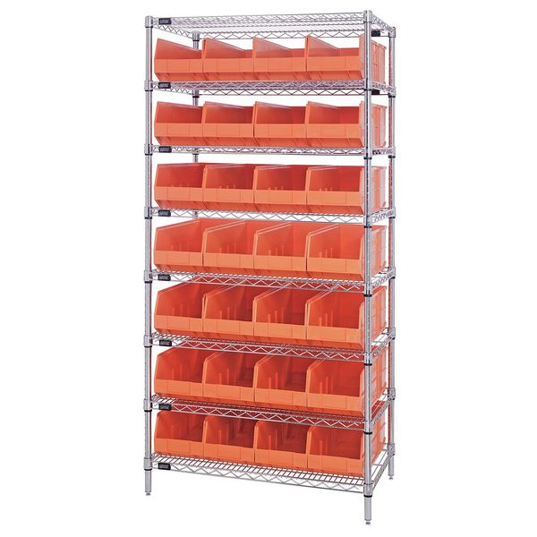 Steel, Polypropylene Bin Shelving, 36 in W x 75 in H x 12 in D, 8 Shelves, Orange