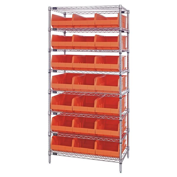 Steel, Polypropylene Bin Shelving, 36 in W x 75 in H x 12 in D, 8 Shelves, Orange