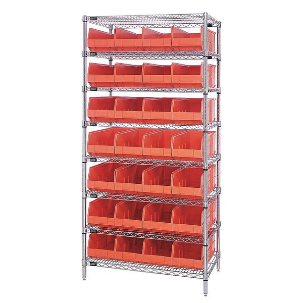 Steel, Polypropylene Bin Shelving, 36 in W x 74 in H x 21 in D, 8 Shelves, Orange