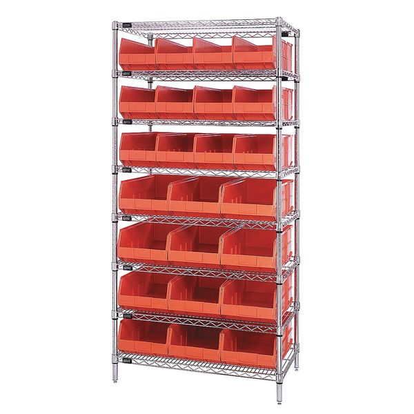 Steel, Polypropylene Bin Shelving, 36 in W x 74 in H x 21 in D, 8 Shelves, Orange