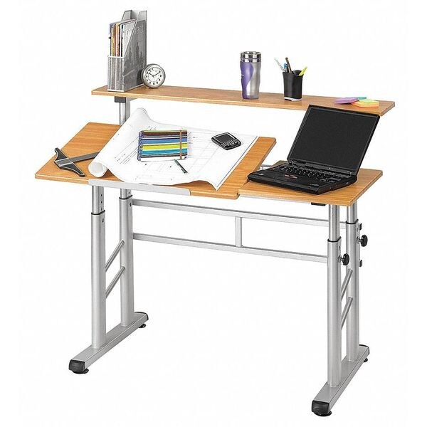 Rectangle Split Level Drafting Table, 47.25 X 29.75 X 37.25, Woodgrain Melamine Top, Medium Oak