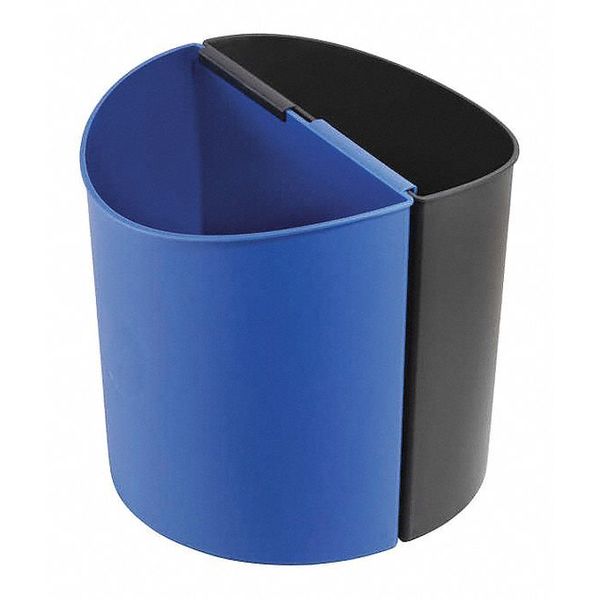 6 gal Half-Round Desk Recycling Container, Open Top, Black/Blue, Plastic, 2 Openings