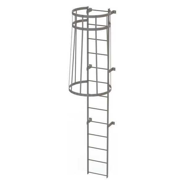 12 ft Fixed Ladder with Safety Cage, Steel, 13 Steps, Top Exit, Gray Powder Coated Finish