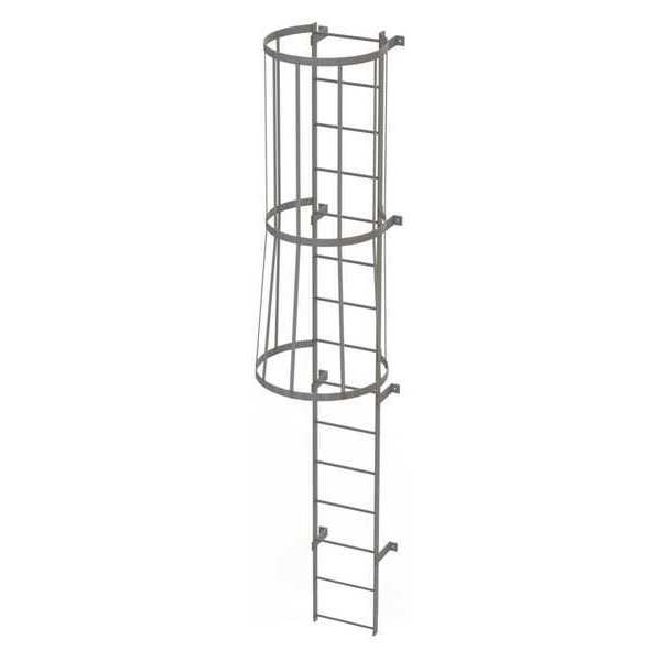 14 ft Fixed Ladder with Safety Cage, Steel, 15 Steps, Top Exit, Gray Powder Coated Finish