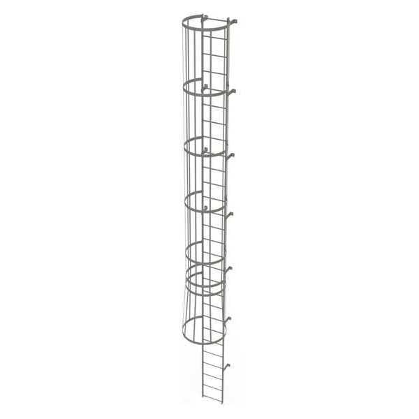 27 ft Fixed Ladder with Safety Cage, Steel, 28 Steps, Top Exit, Gray Powder Coated Finish