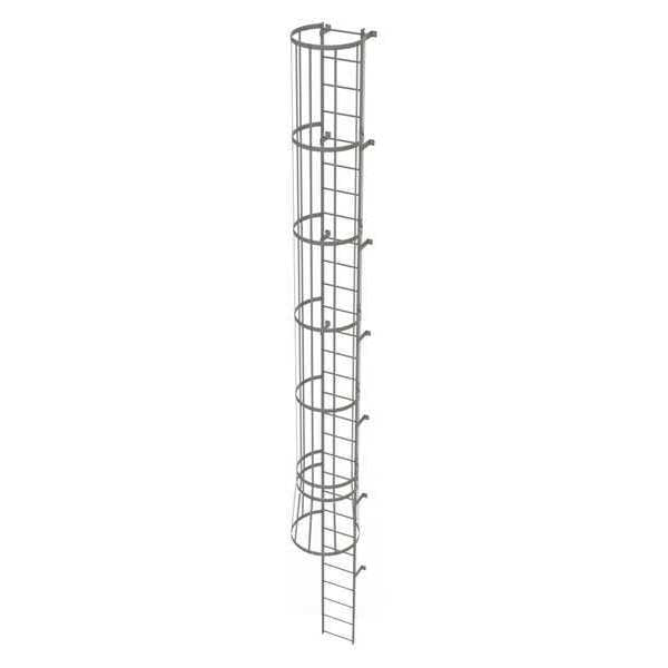 28 ft Fixed Ladder with Safety Cage, Steel, 29 Steps, Top Exit, Gray Powder Coated Finish