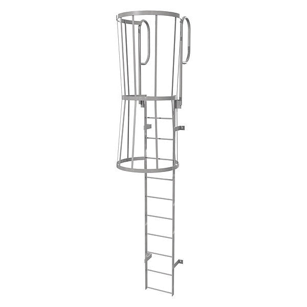 14 ft Fixed Ladder with Safety Cage, Steel, 11 Steps, Top Exit, Gray Powder Coated Finish