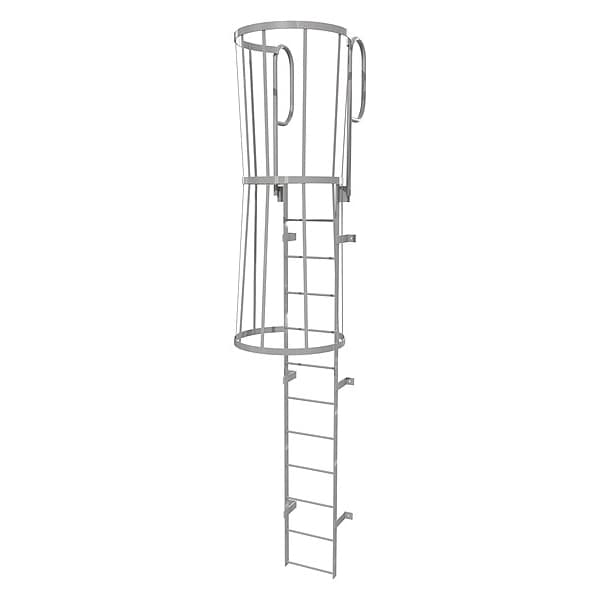 15 ft Fixed Ladder with Safety Cage, Steel, 12 Steps, Top Exit, Gray Powder Coated Finish