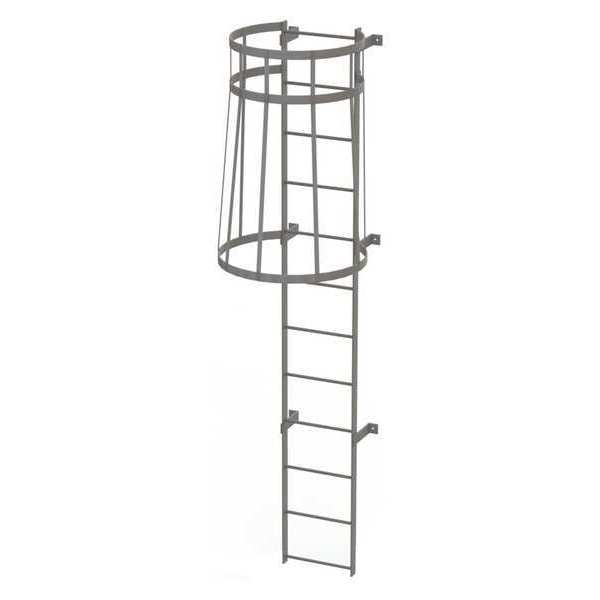 11 ft Fixed Ladder with Safety Cage, Steel, 12 Steps, Top Exit, Gray Powder Coated Finish
