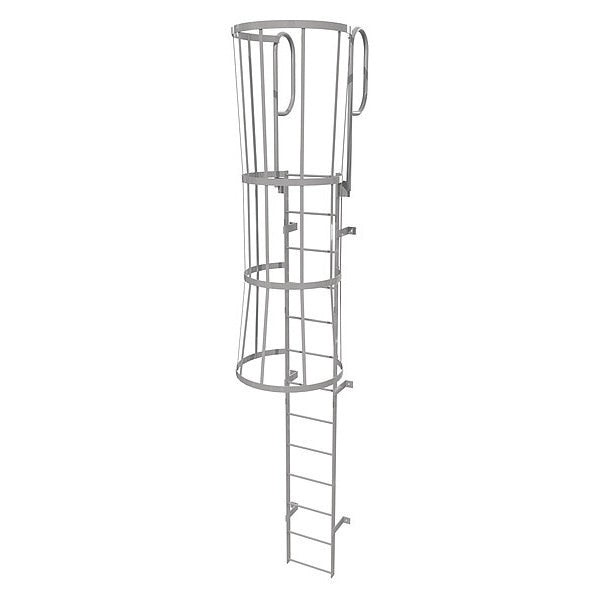 16 ft Fixed Ladder with Safety Cage, Steel, 13 Steps, Top Exit, Gray Powder Coated Finish