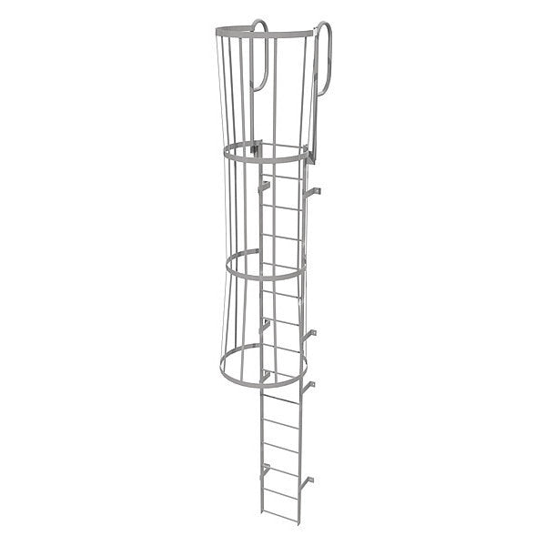 18 ft Fixed Ladder with Safety Cage, Steel, 15 Steps, Top Exit, Gray Powder Coated Finish
