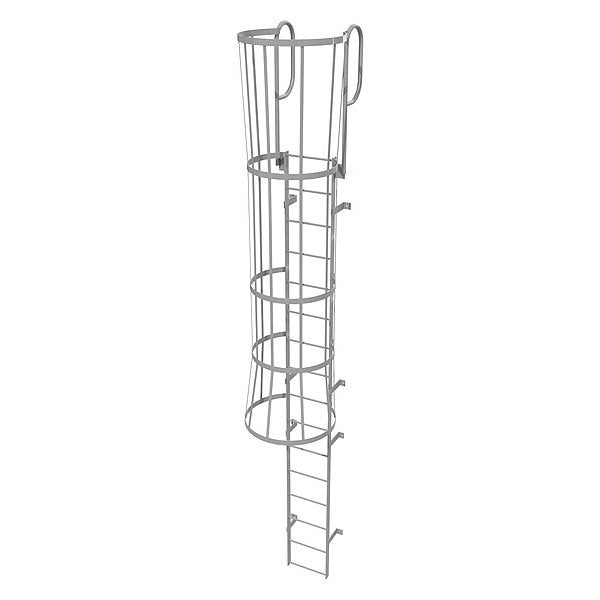 19 ft Fixed Ladder with Safety Cage, Steel, 16 Steps, Top Exit, Gray Powder Coated Finish