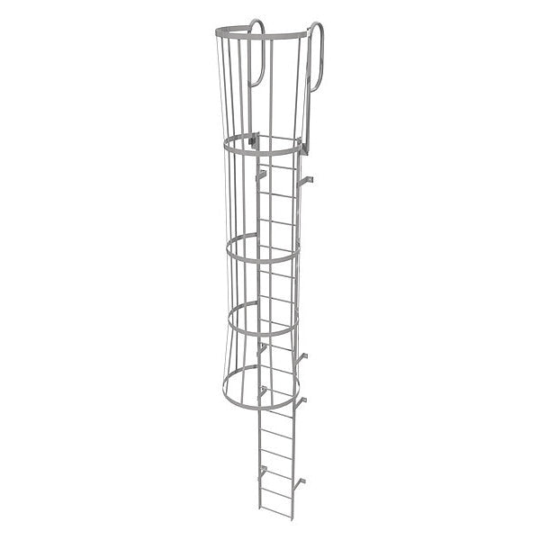 20 ft Fixed Ladder with Safety Cage, Steel, 17 Steps, Top Exit, Gray Powder Coated Finish