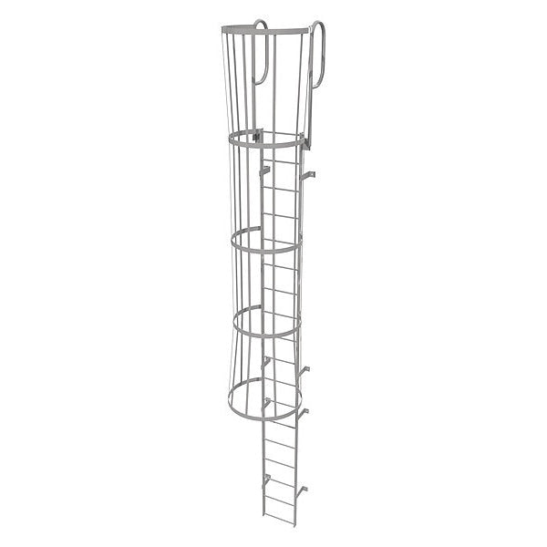 21 ft Fixed Ladder with Safety Cage, Steel, 18 Steps, Top Exit, Gray Powder Coated Finish