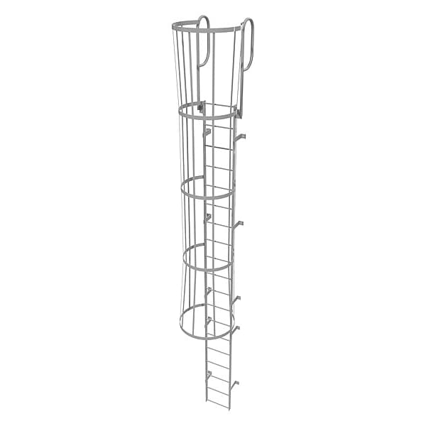 22 ft Fixed Ladder with Safety Cage, Steel, 19 Steps, Top Exit, Gray Powder Coated Finish
