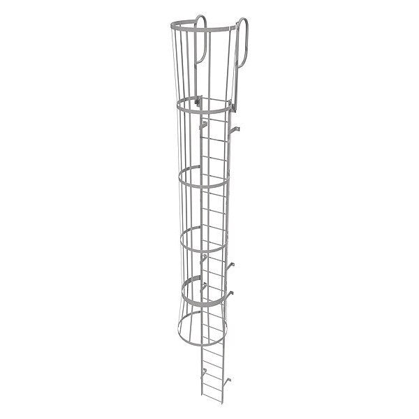 24 ft Fixed Ladder with Safety Cage, Steel, 21 Steps, Top Exit, Gray Powder Coated Finish
