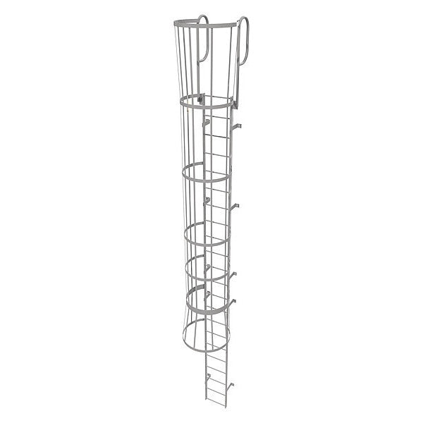 25 ft Fixed Ladder with Safety Cage, Steel, 22 Steps, Top Exit, Gray Powder Coated Finish