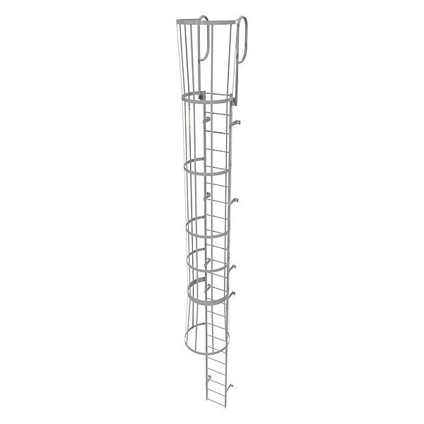 26 ft Fixed Ladder with Safety Cage, Steel, 23 Steps, Top Exit, Gray Powder Coated Finish
