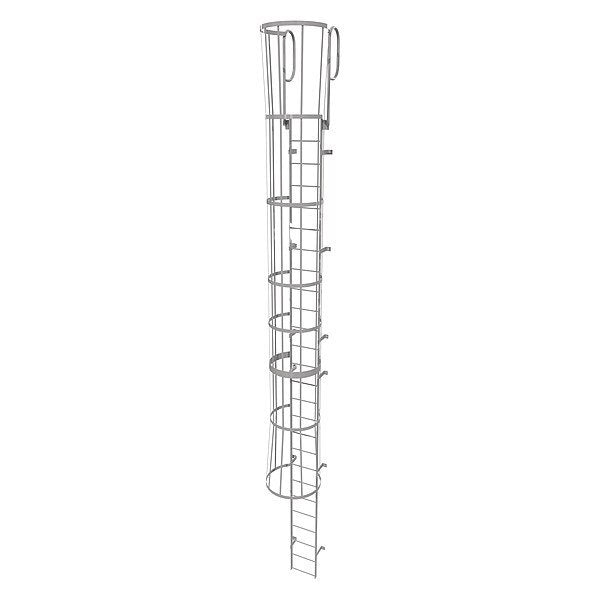 29 ft Fixed Ladder with Safety Cage, Steel, 26 Steps, Top Exit, Gray Powder Coated Finish
