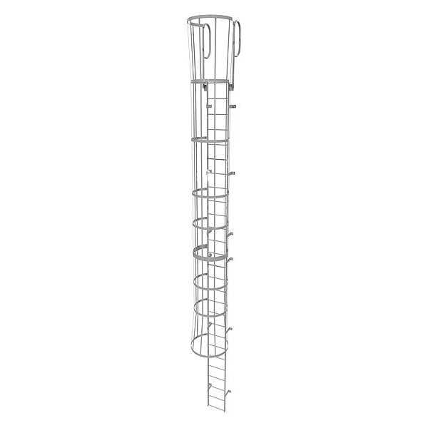 30 ft Fixed Ladder with Safety Cage, Steel, 27 Steps, Top Exit, Gray Powder Coated Finish