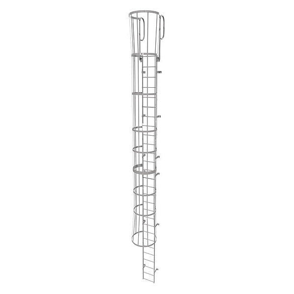 31 ft Fixed Ladder with Safety Cage, Steel, 28 Steps, Top Exit, Gray Powder Coated Finish