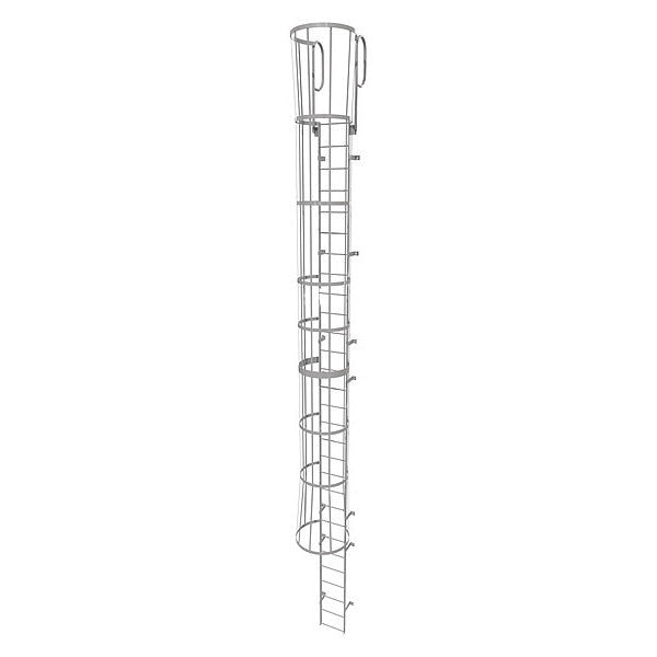 32 ft Fixed Ladder with Safety Cage, Steel, 29 Steps, Top Exit, Gray Powder Coated Finish
