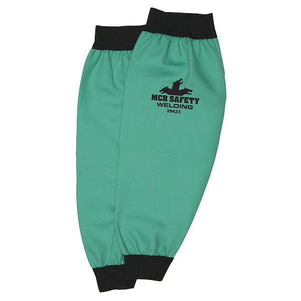 Welding Sleeves, Limited Flammability, Sateen Finish Cotton, Elastic Wrist, Green, 23 in L, 1 Pair