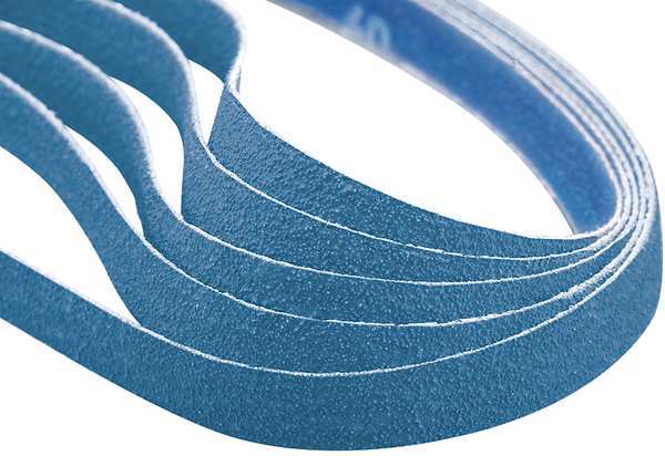 Sanding Belt, Coated, 1/4 in W, 12 in L, 120 Grit, Fine, Zirconia Alumina, R823P Bluefire, Blue