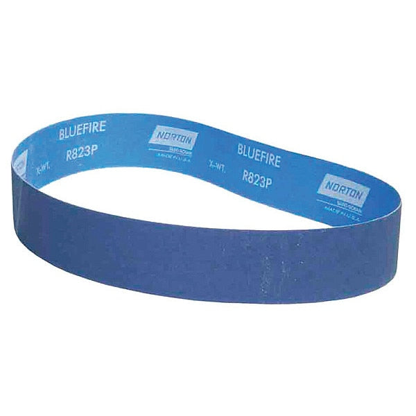 Sanding Belt, Coated, 2 in W, 36 in L, 120 Grit, Fine, Zirconia Alumina, R823P Bluefire, Blue
