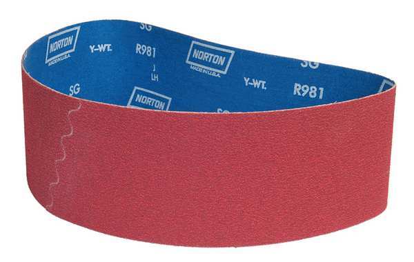 Sanding Belt, Coated, 4 in W, 79 in L, 36 Grit, Extra Coarse, Ceramic, R981 SG, Red