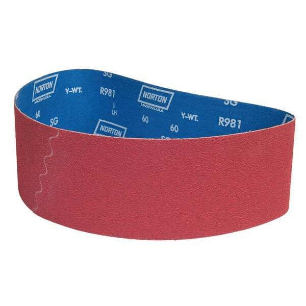 Sanding Belt, Coated, 4 in W, 36 in L, 60 Grit, Medium, Ceramic, R981 SG, Red