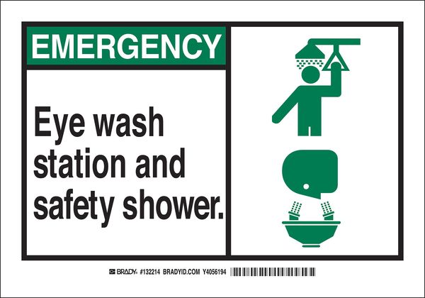 Eye Wash/Safety Shower Sign, 10 in Height, 14 in Width, Aluminum, Rectangle, English