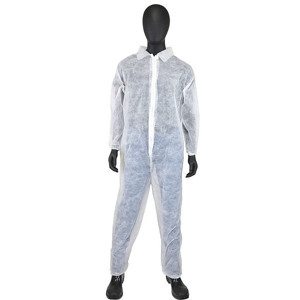 Disposable Coveralls, 4Xl, 25 PK, White, Polypropylene, Zipper