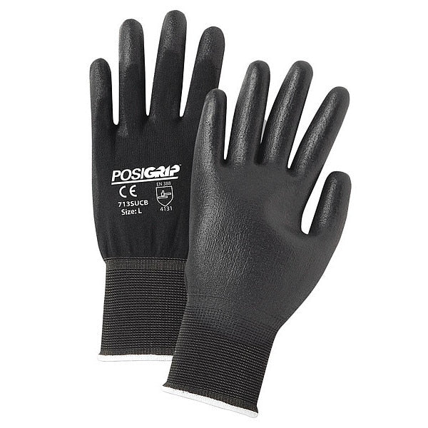 Polyurethane Coated Gloves, Palm Coverage, Black, L, 12PK