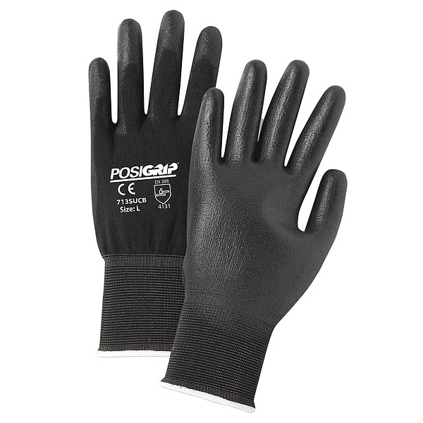 Polyurethane Coated Gloves, Palm Coverage, Black, XS, 12PK