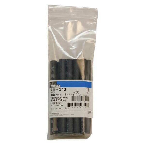 Shrink Tubing, 0.4in ID, Black, 6in, PK10