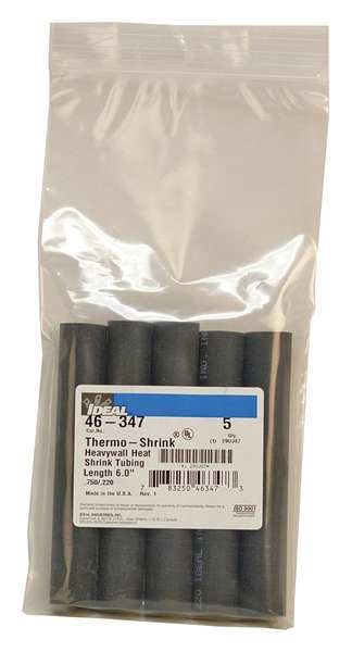 Shrink Tubing, 0.75in ID, Black, 6in, PK5