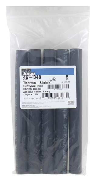 Shrink Tubing, 0.75in ID, Black, 9in, PK5
