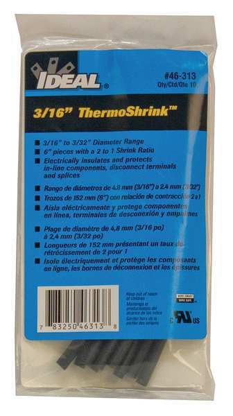 Shrink Tubing, 0.205in ID, Black, 6in, PK10