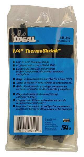Shrink Tubing, 0.268in ID, Black, 6in, PK10
