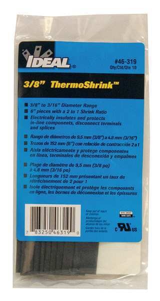 Shrink Tubing, 0.421in ID, Black, 6in, PK10
