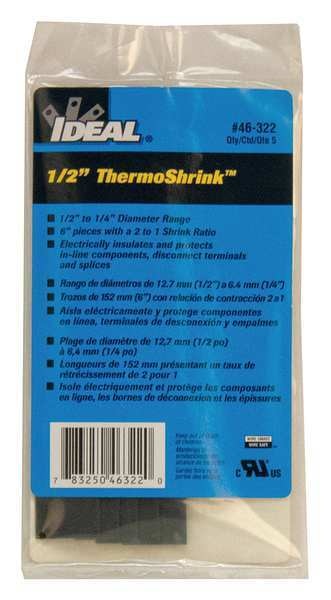 Shrink Tubing, 0.539in ID, Black, 6in, PK5