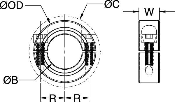 Shaft Collar, Clamp, 2Pc, 19mm, Alum