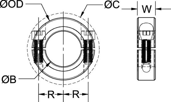 Shaft Collar, Clamp, 2Pc, 19mm, Alum