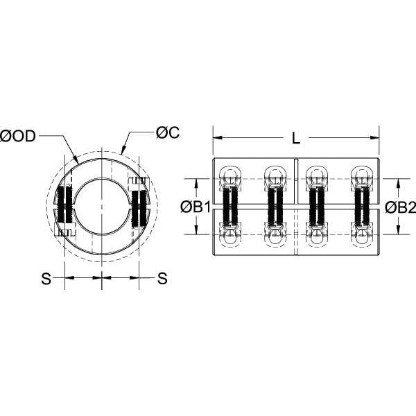 Coupling, Two Piece, Bore Dia 1/2 In