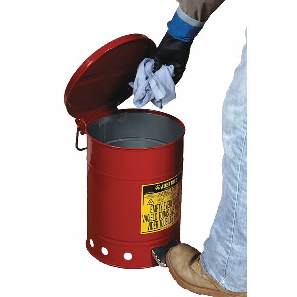 Oily Waste Can, 6 Gallon Capacity, Galvanized Steel, Red, Foot Operated Self Closing