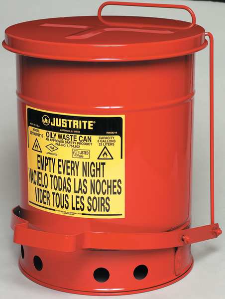 Oily Waste Can, 6 Gallon Capacity, Galvanized Steel, Red, Foot Operated Self Closing